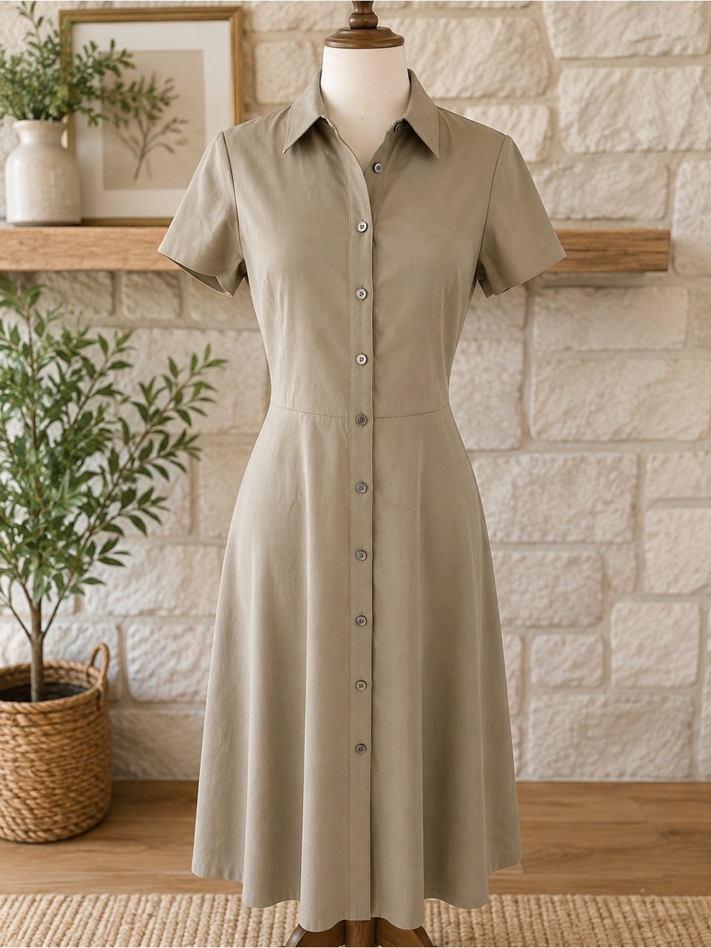 Theory Classic Tan Linen-Blend Tan Midi-Shirtdress Size 6